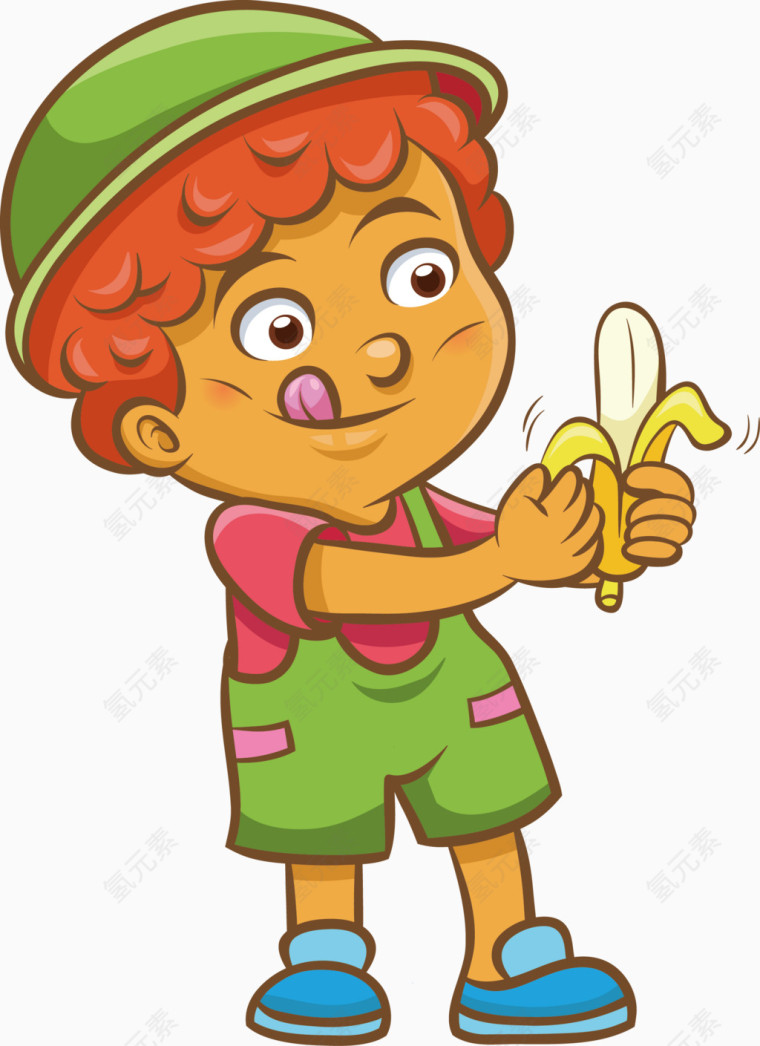 卡通吃香蕉的小男孩矢量图