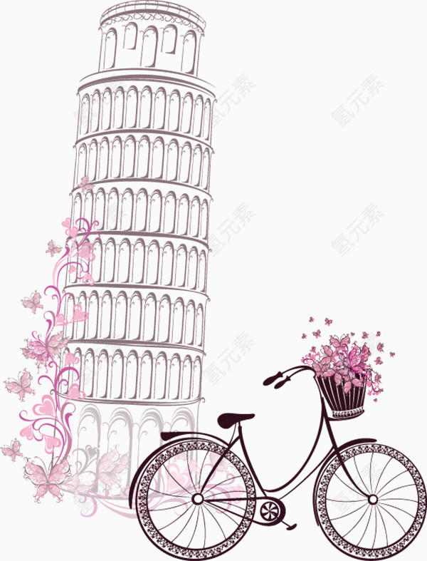 手绘比萨斜塔和自行车