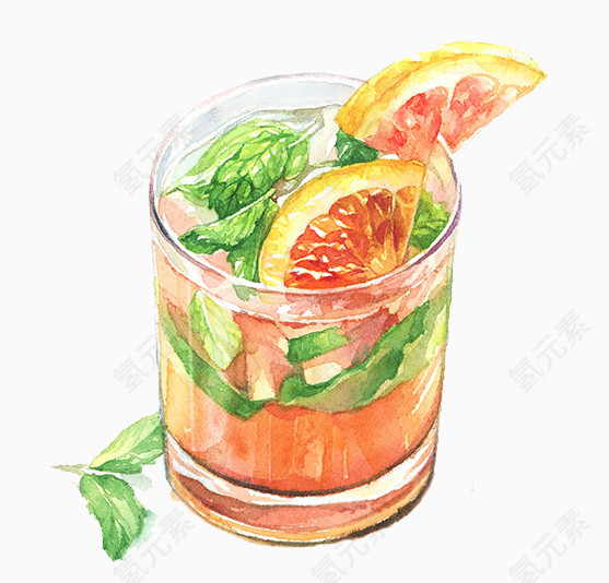 水彩葡萄柚冷饮