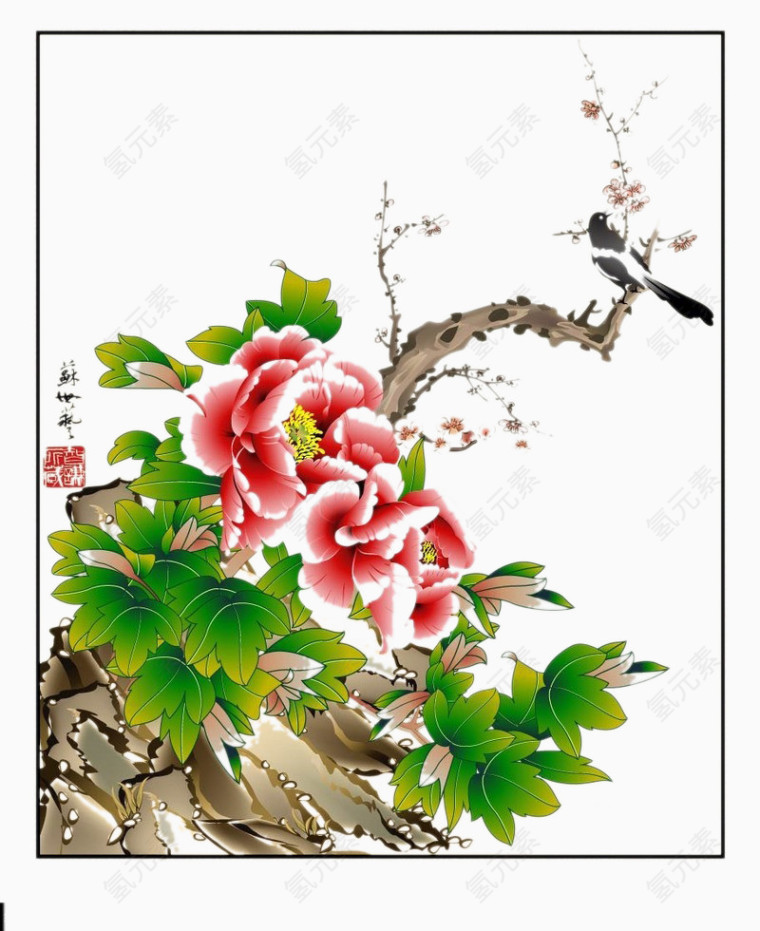 牡丹花梅花喜鹊手绘背景画