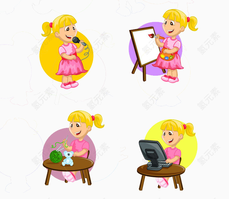 卡通手绘唱歌画画玩电脑的小女孩