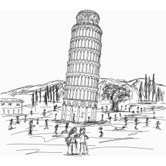 手绘黑色线条绘画建筑比萨尔斜塔