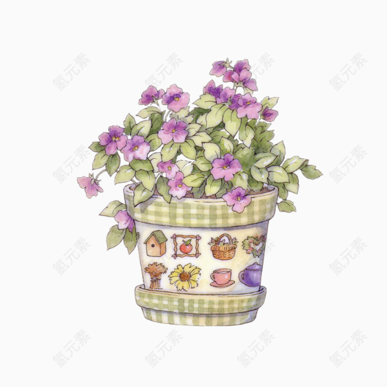 花盆里紫色的花朵可爱手绘
