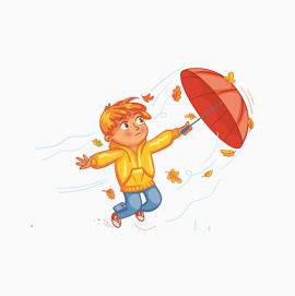 卡通雨伞被风吹走的小孩      