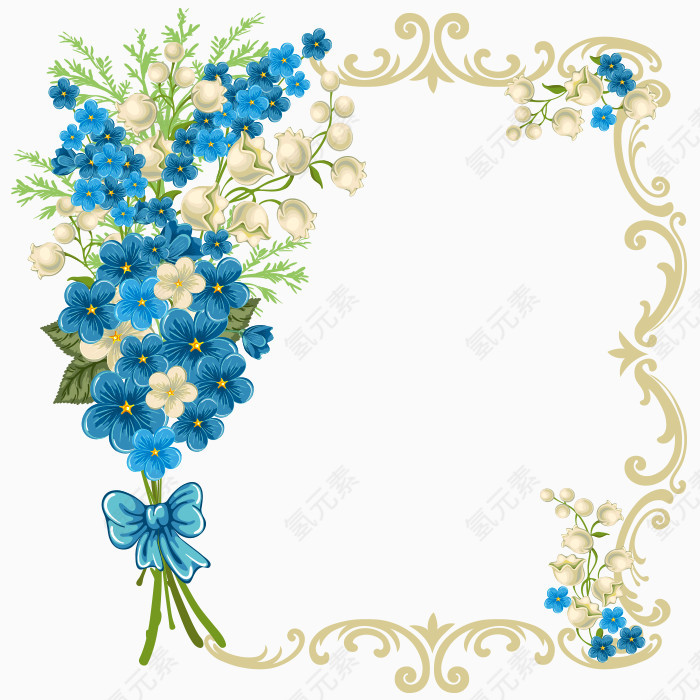 手绘蓝色花朵装饰边框素材