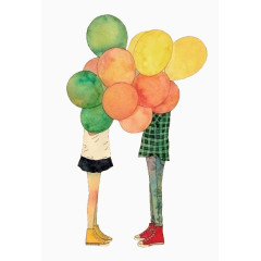 卡通手绘情侣拿着气球