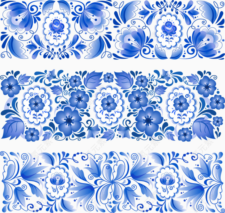 三种矢量中国风蓝色花纹纹样