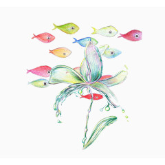 卡通手绘水彩小鱼与莲花