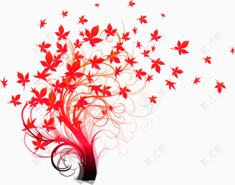 红色手绘花朵树枝