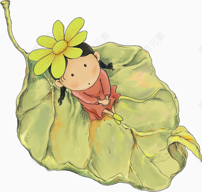 卡通人物小女孩叶子树叶素材PNG