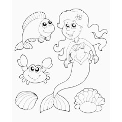 卡通简笔线条画美人鱼螃蟹