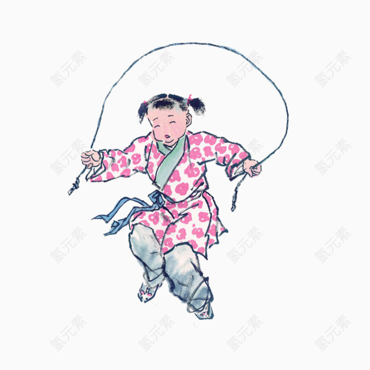 中国风彩绘小女孩跳绳