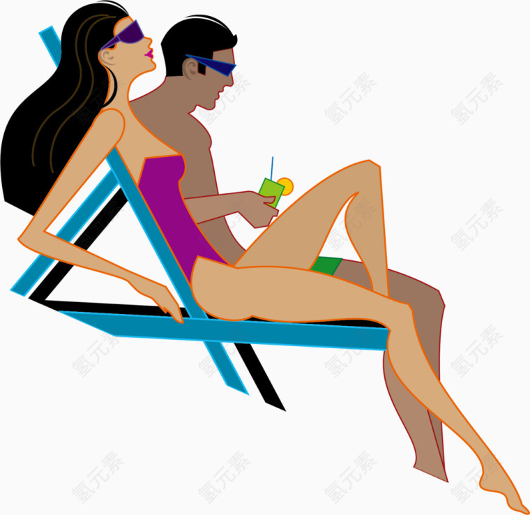 坐在沙滩椅上的情侣卡通手绘装饰元素