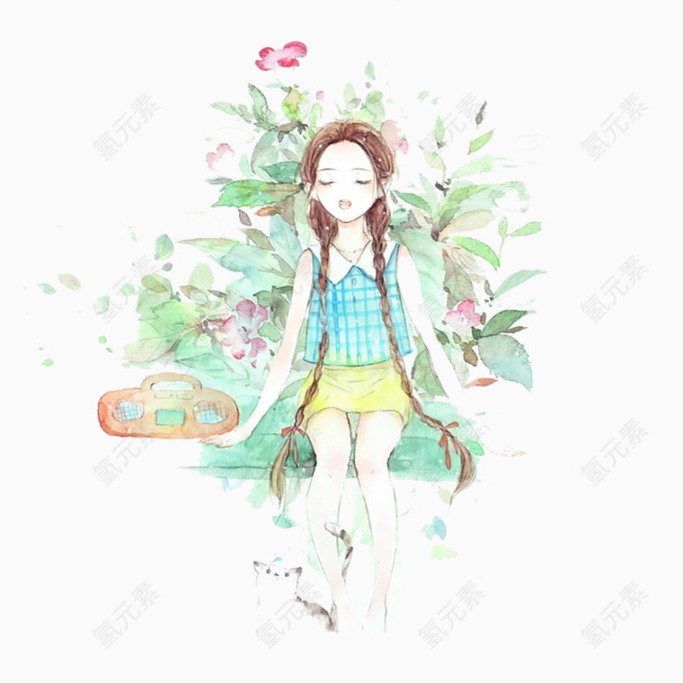 唯美插画小清新少女夏天素材