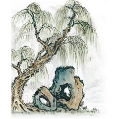 手绘中国风合成山水柳树 