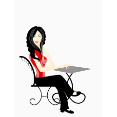 卡通坐在椅子上看东西的漂亮女人