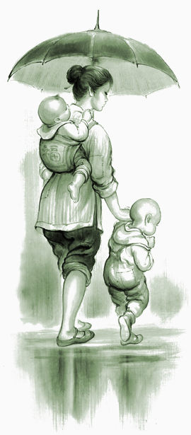 水墨画背着孩子的母亲