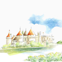 手绘水彩素材城堡绿植