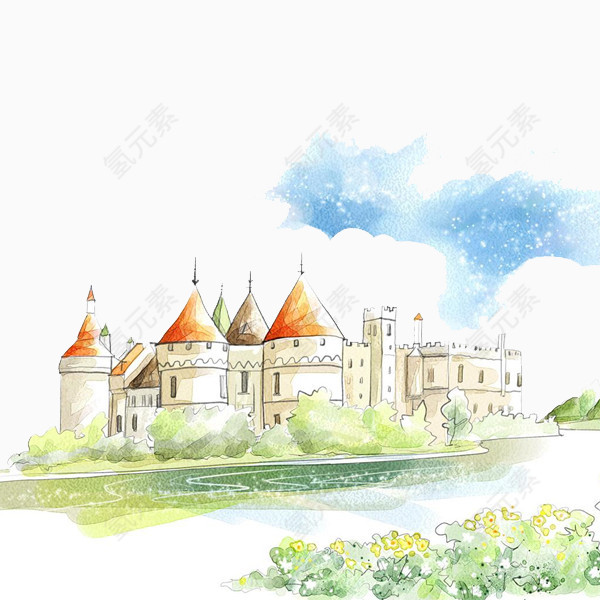 手绘水彩素材城堡绿植