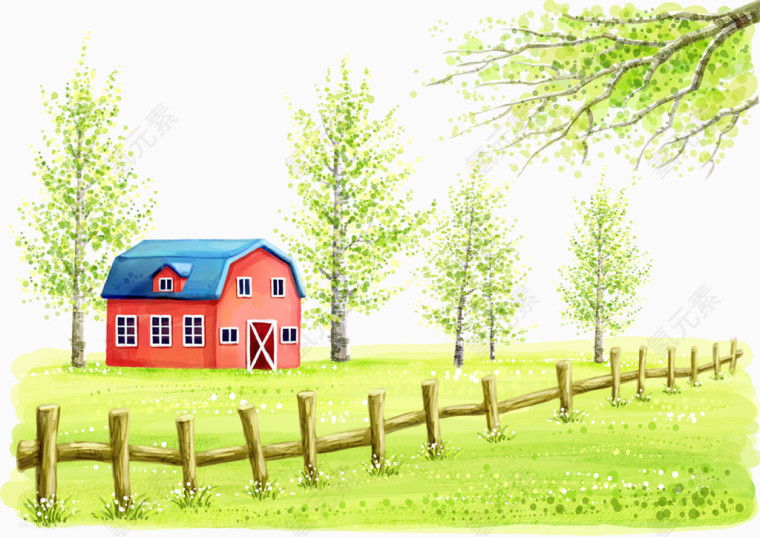 卡通红色房屋与栏栅