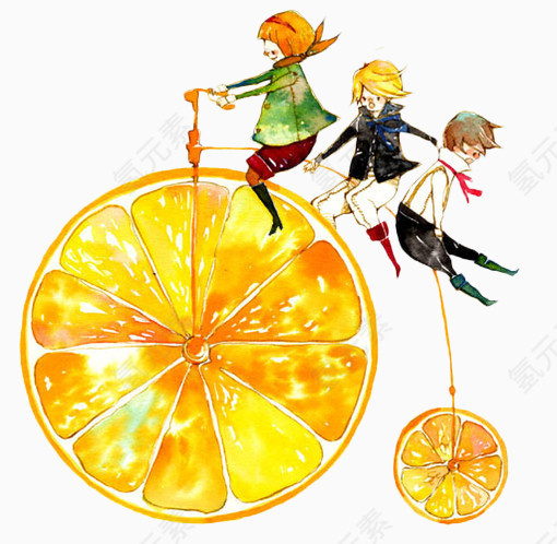 手绘卡通小人橙片自行车