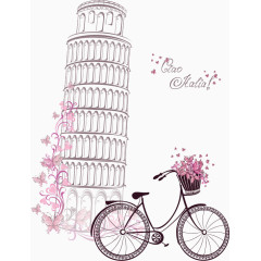 手绘水彩比萨斜塔和自行车