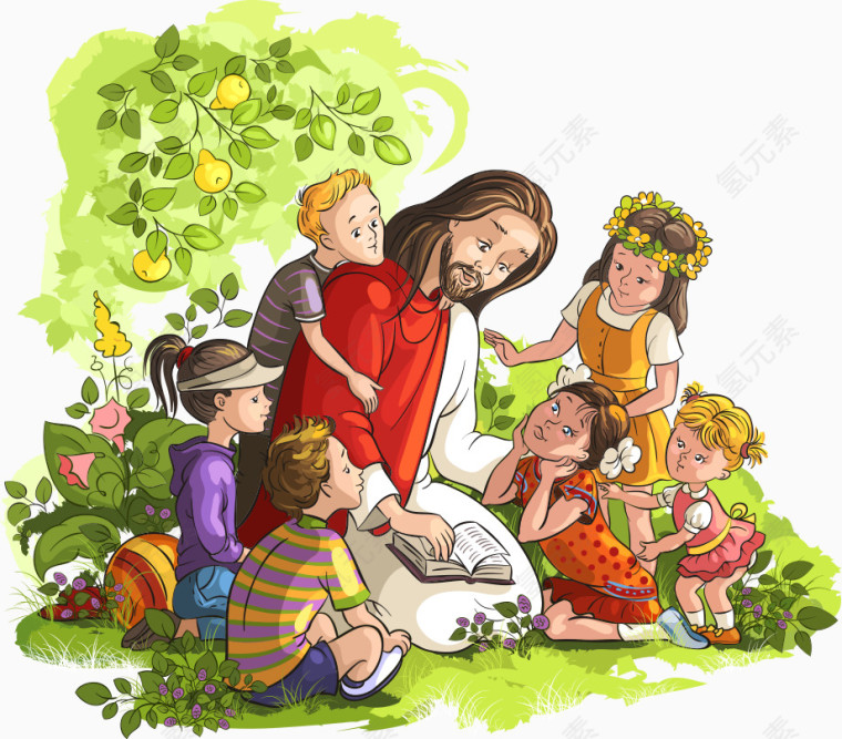 看圣经的矢量耶稣与儿童