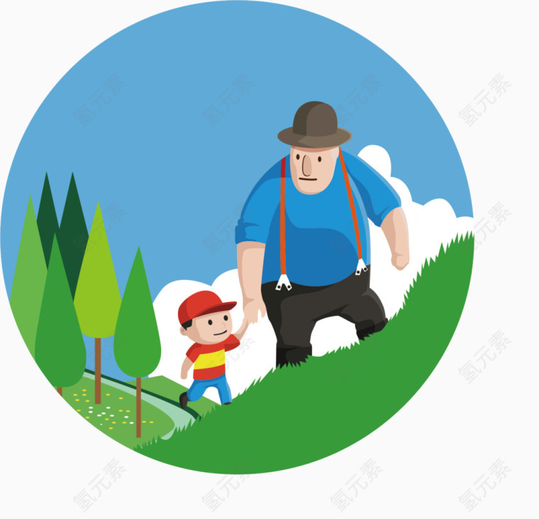 父亲节元素父亲和孩子去爬山