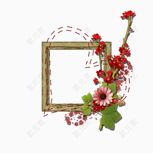 红色花朵装饰的木制边框