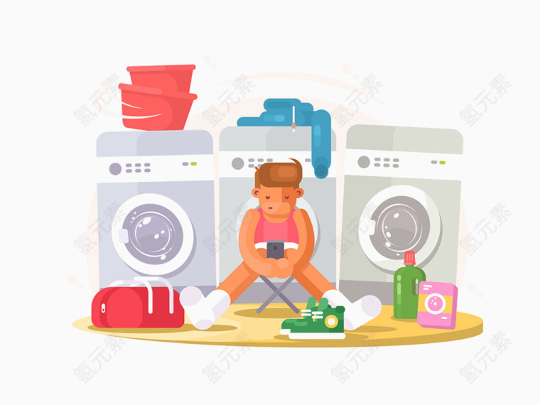  洗衣机前玩手机的卡通人物矢量素材