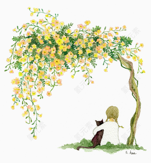 黄色清新花树女孩装饰图案