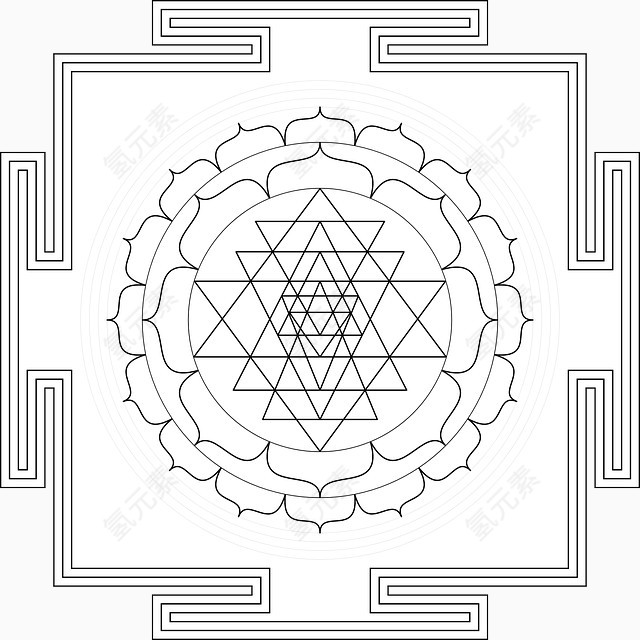 简约几何线描佛教曼陀罗图案