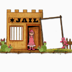 卡通站在小屋门口的女孩的矩形边框