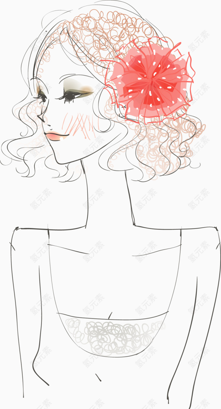 卡通戴红花的卷发女生
