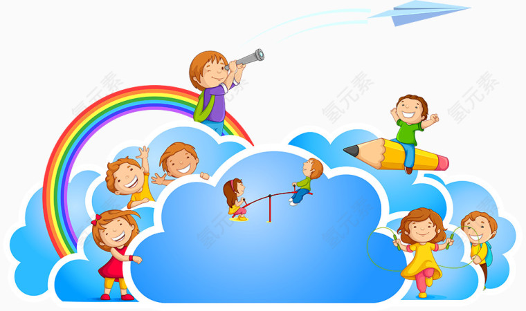 卡通手绘人物儿童彩虹飞机