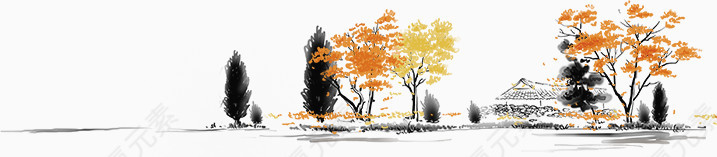 黄色秋叶水墨画风景图