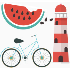 西瓜灯塔自行车彩色简易画卡通手绘装饰元素
