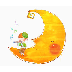 卡通手绘坐在月亮上吹笛子的男孩插画