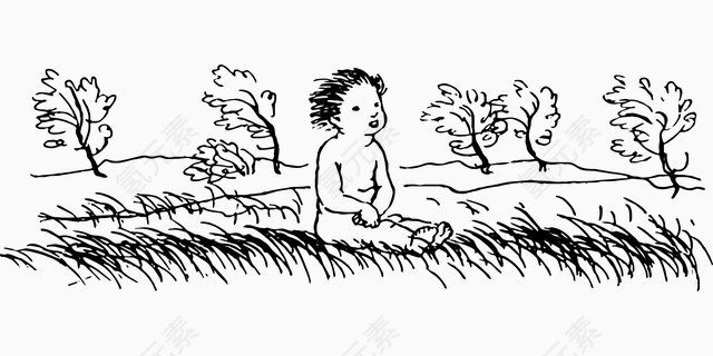 坐在草地上的婴孩手绘矢量图