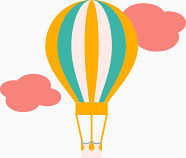 卡通绘制带有两朵红色云朵的条纹色热气球
