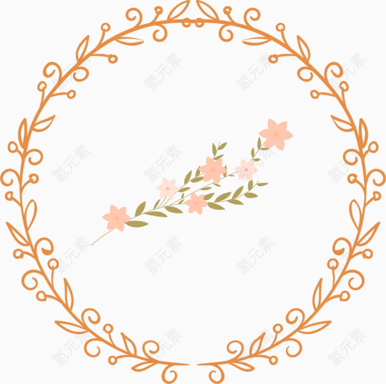橘色色线描叶子圆形边框