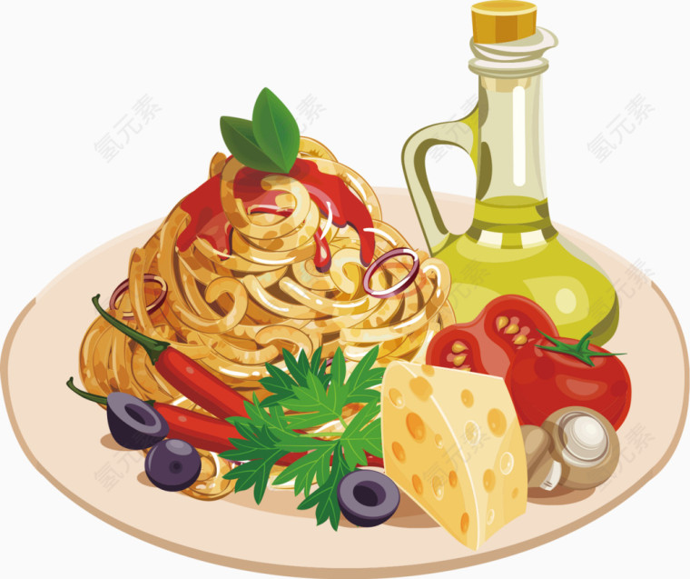 意大利面牛油橄榄油水彩插画图标元素