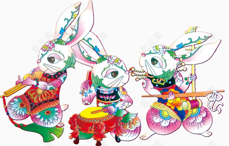 穿中国服饰的小兔子卡通手绘装饰元素