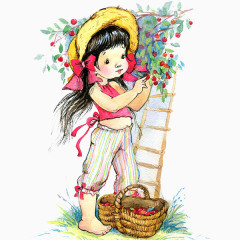 水彩画摘樱桃的小女孩