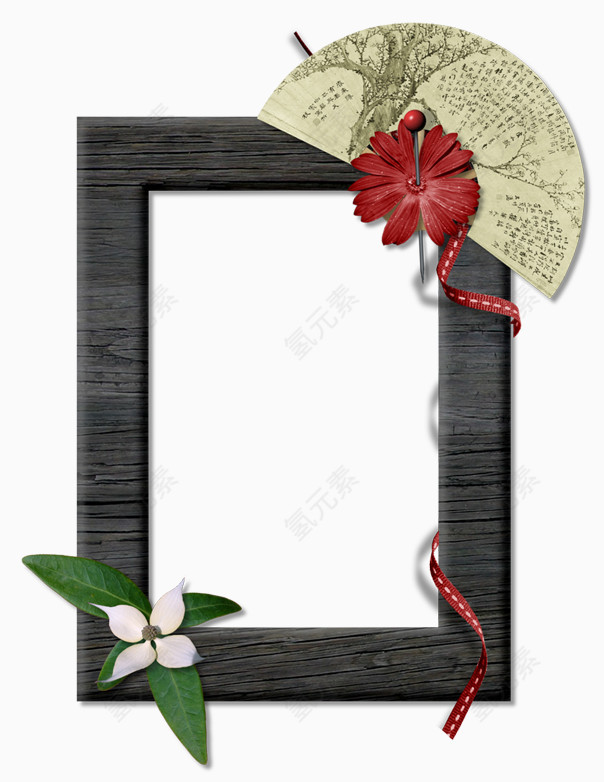 折扇花朵装饰的木纹边框