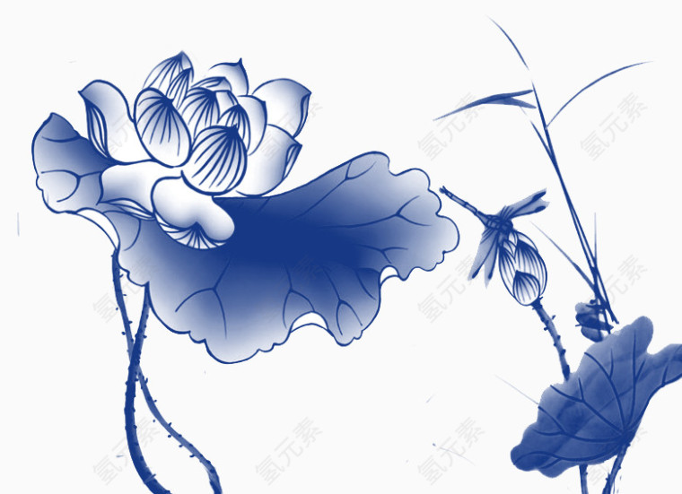 中国风蓝色手绘荷花