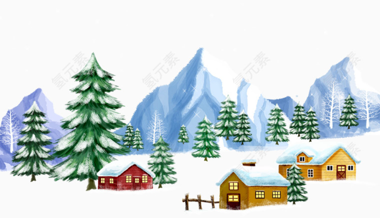 雪地上的房子和小树