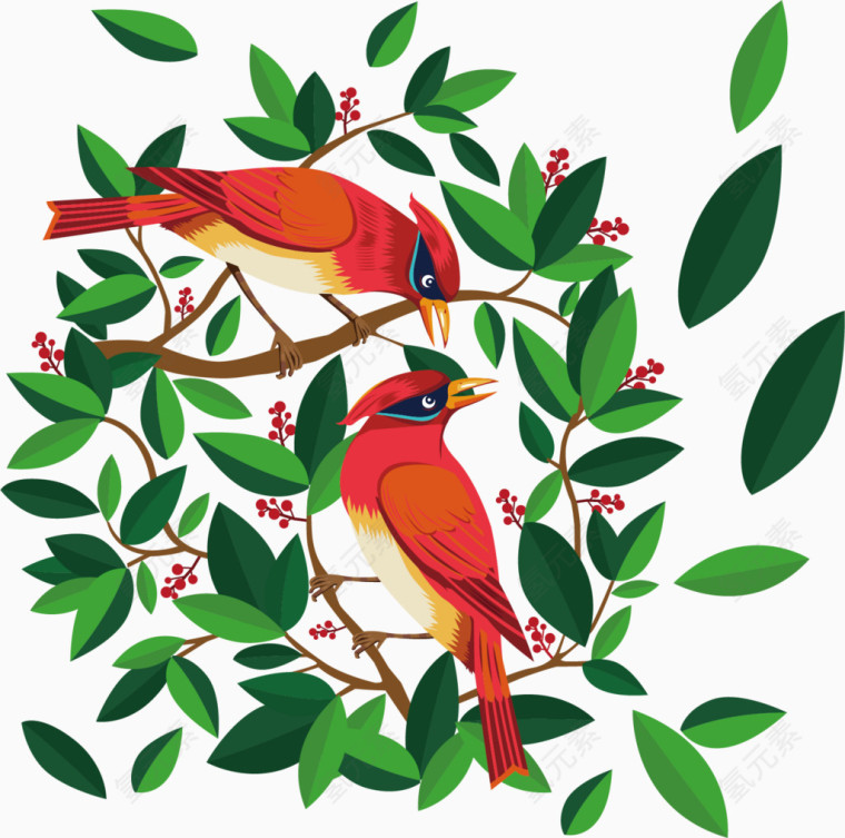 小鸟树枝树叶卡通手绘装饰元素