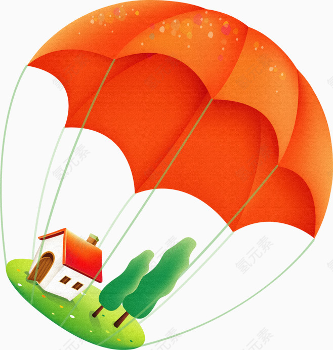 飞行降落伞小屋手绘卡通