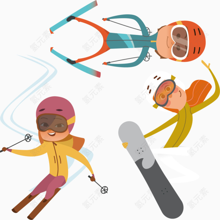 不同的滑雪动作卡通手绘装饰元素